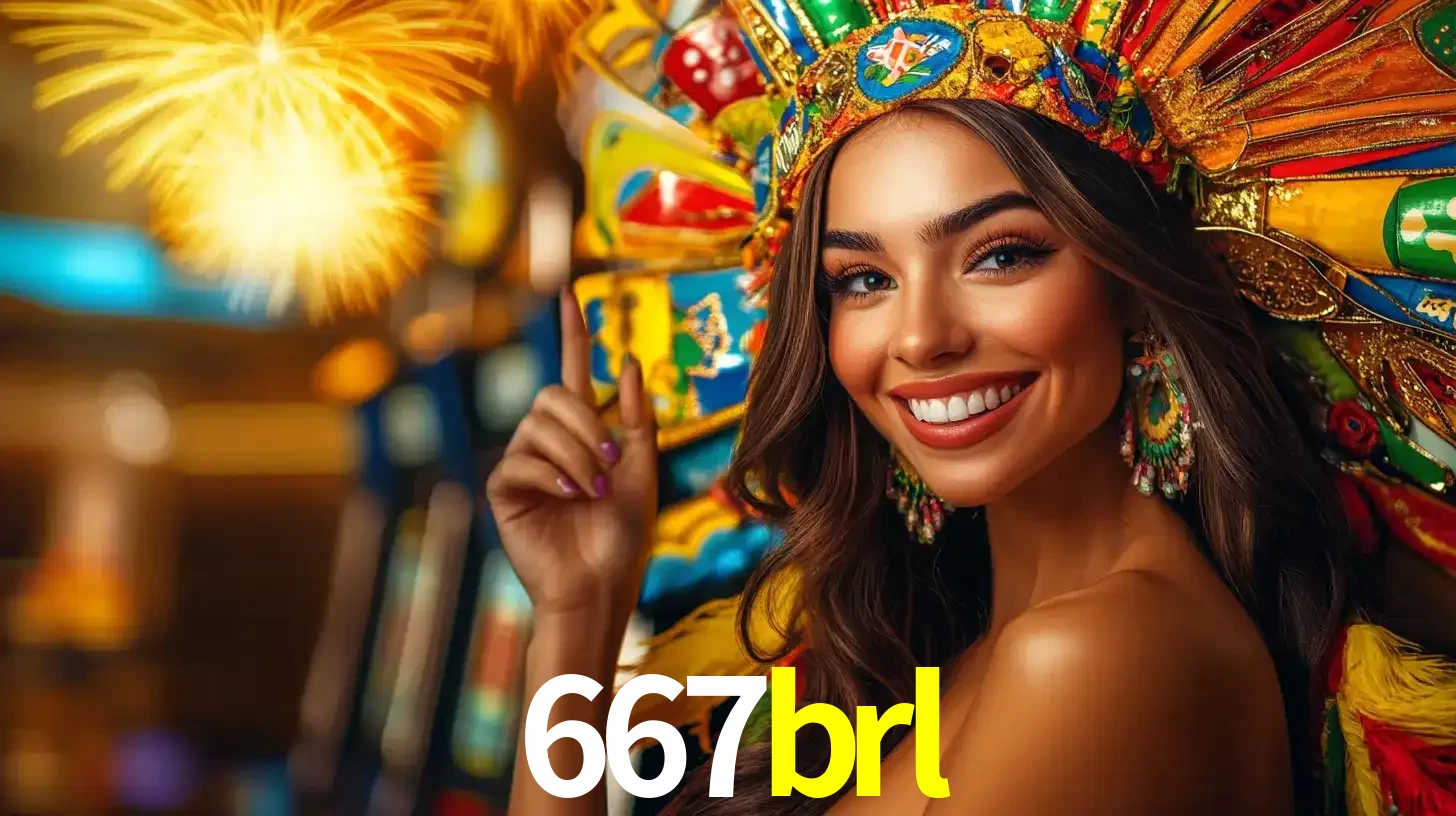 Mulher sorridente com um cocar de carnaval vibrante e colorido, celebrando uma grande vitória nos jogos do cassino 667brl com fogos de artifício ao fundo.