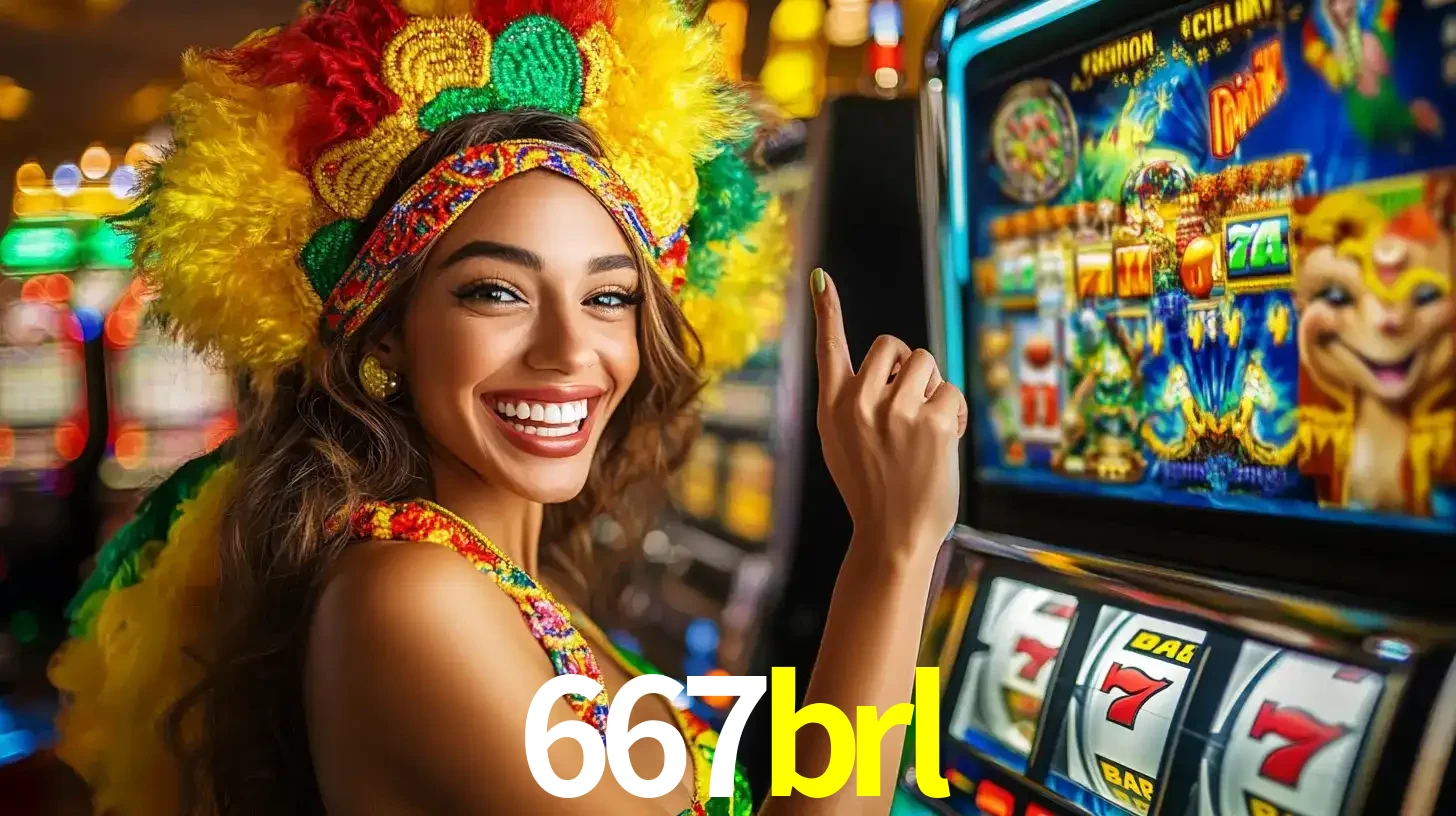 Mulher animada com um cocar de carnaval apontando para uma máquina de caça-níqueis, mostrando a emoção de ganhar um grande prêmio nos jogos do 667brl.
