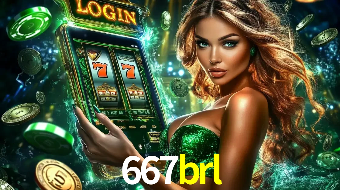 Mulher com tema verde apresentando o aplicativo do cassino 667brl com um jogo de slot de 777, cercada por fichas de cassino e uma aura de sorte.