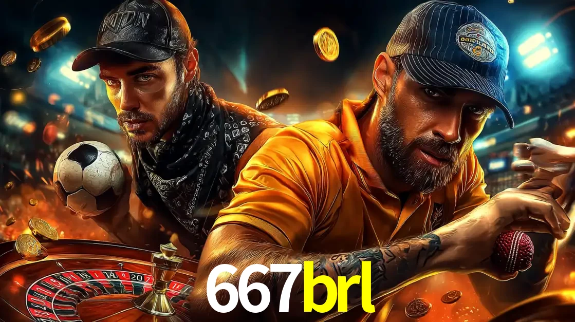 Montagem de apostas esportivas e cassino no 667brl, com um homem segurando uma bola de futebol e outro uma de beisebol sobre uma roleta e moedas voadoras.