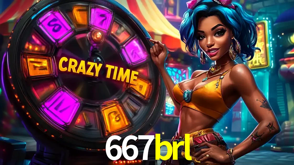 Mulher estilizada com cabelo azul e visual vibrante posando ao lado da roda de prêmios do game show Crazy Time, convidando para a diversão e os bônus do cassino 667brl.