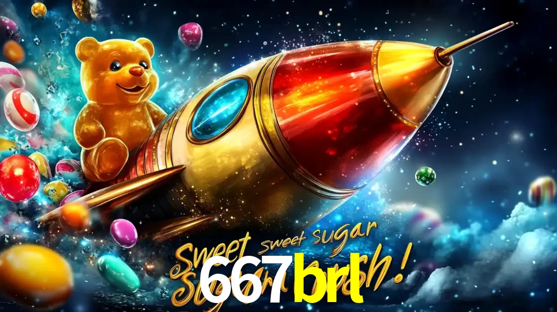 Arte promocional do jogo de slot Sugar Rush, com um urso de pelúcia em um foguete viajando pelo espaço de doces, um dos jogos divertidos disponíveis no cassino 667brl.